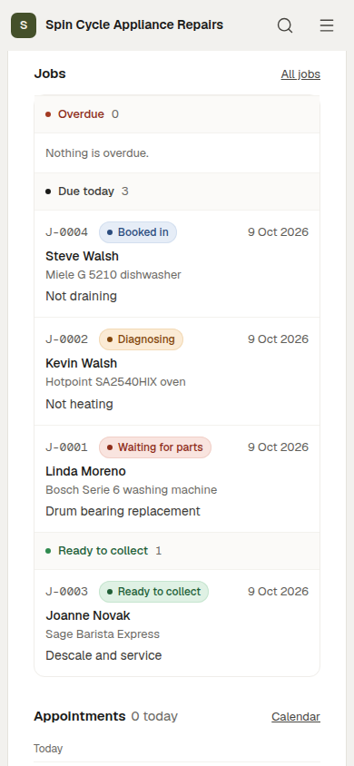 Workbench's Today screen for Spin Cycle Appliance Repairs on a phone
