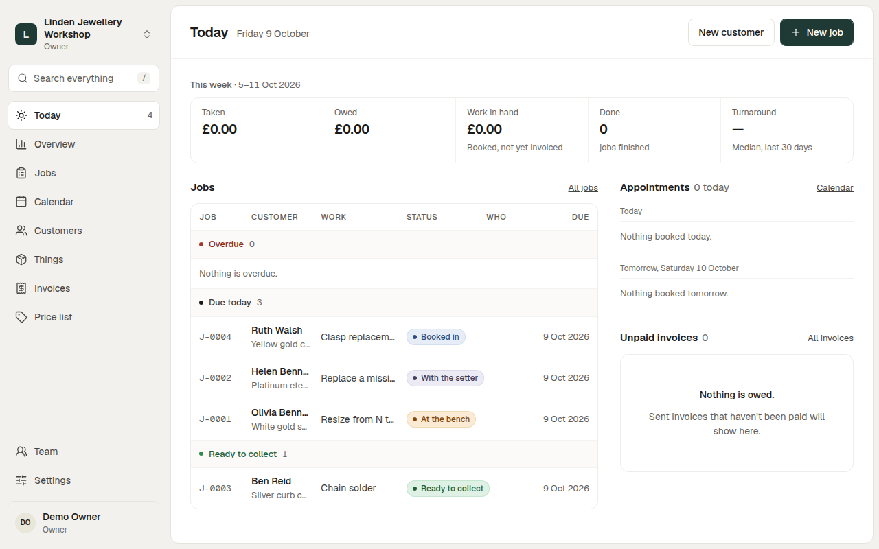 Workbench's Today screen for Linden Jewellery Workshop, a jewellery repair business
