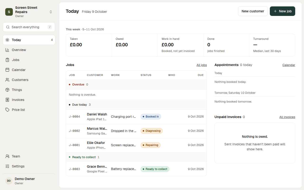 Workbench's Today screen for Screen Street Repairs, a phone and tablet repair business