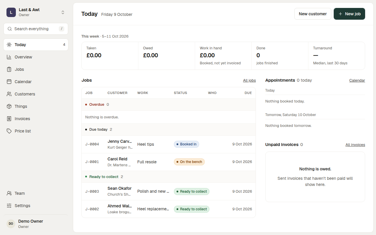 Workbench's Today screen for Last & Awl, a shoe repair business