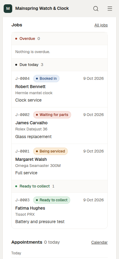 Workbench's Today screen for Mainspring Watch & Clock on a phone